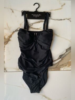 NWT Tahari Black Ruched One-Piece Swimsuit W/Silver Stud Horseshoe Ring - Size M